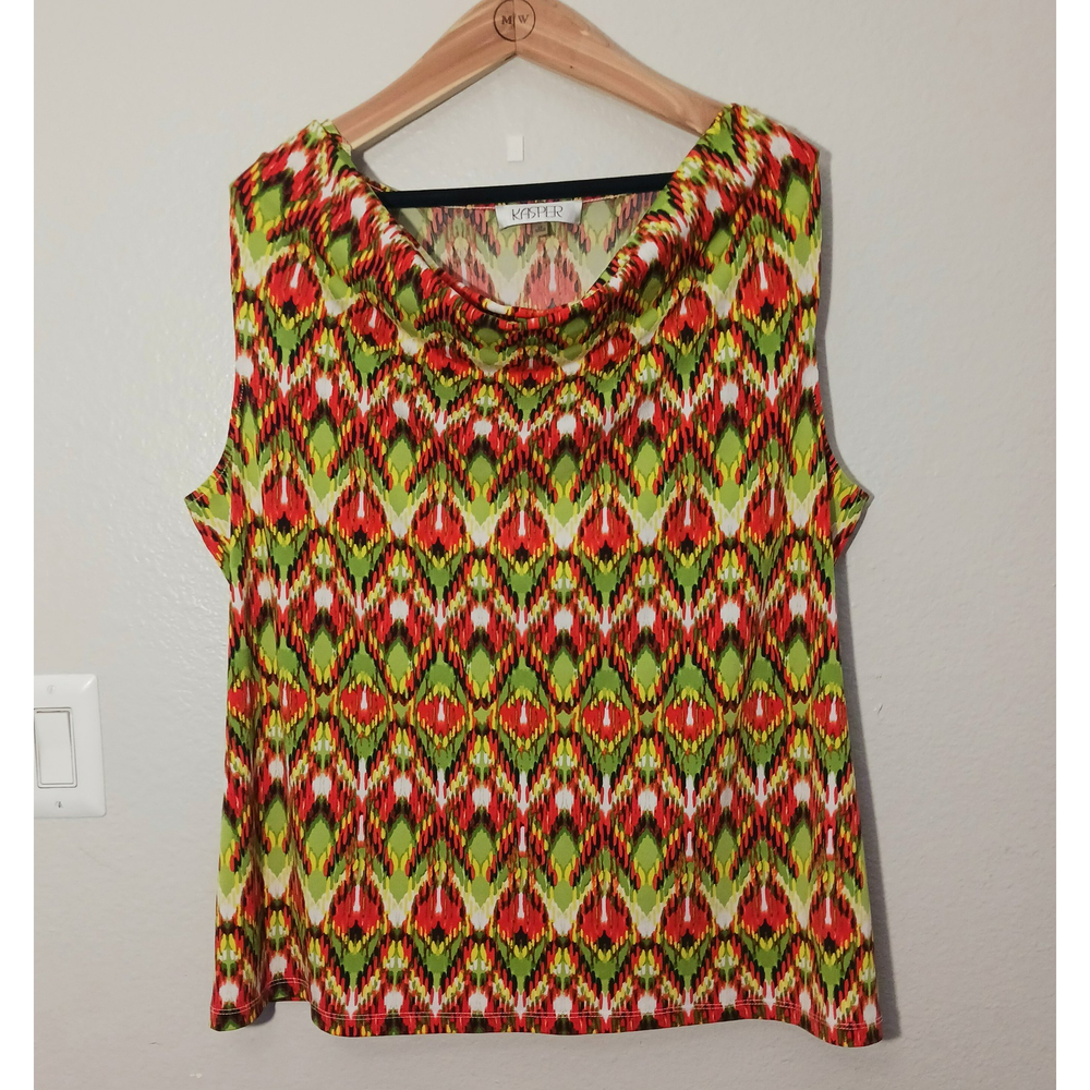 Kasper Tropical Summer Geometric Stretch Sleeveless Orange Yellow Size 2X Blouse